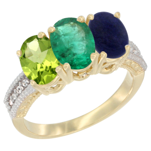 14K Yellow Gold Natural Peridot, Emerald & Lapis Ring 3-Stone Oval 7x5 mm Diamond Accent, sizes 5 - 10