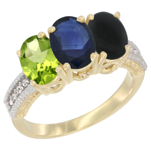 10K Yellow Gold Natural Peridot, Blue Sapphire & Black Onyx Ring 3-Stone Oval 7x5 mm, sizes 5 - 10