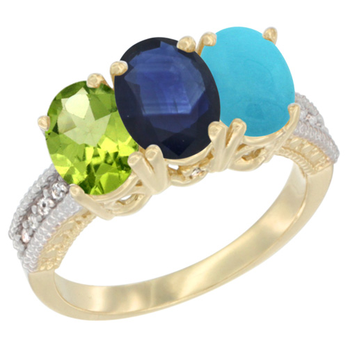 10K Yellow Gold Natural Peridot, Blue Sapphire & Turquoise Ring 3-Stone Oval 7x5 mm, sizes 5 - 10