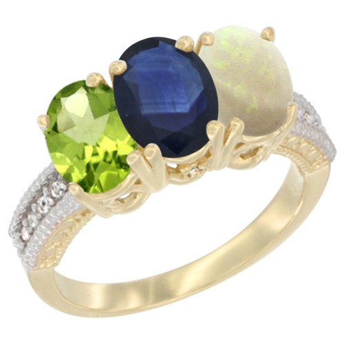 10K Yellow Gold Natural Peridot, Blue Sapphire & Opal Ring 3-Stone Oval 7x5 mm, sizes 5 - 10