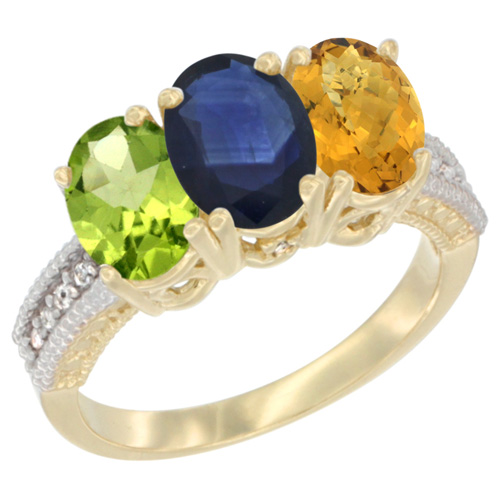 10K Yellow Gold Natural Peridot, Blue Sapphire & Whisky Quartz Ring 3-Stone Oval 7x5 mm, sizes 5 - 10