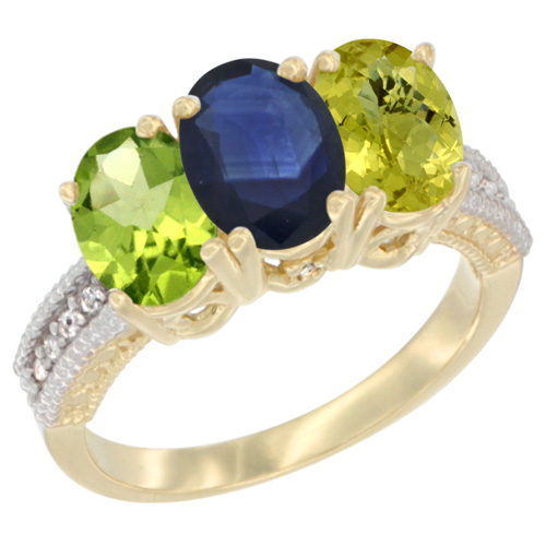 10K Yellow Gold Natural Peridot, Blue Sapphire & Lemon Quartz Ring 3-Stone Oval 7x5 mm, sizes 5 - 10