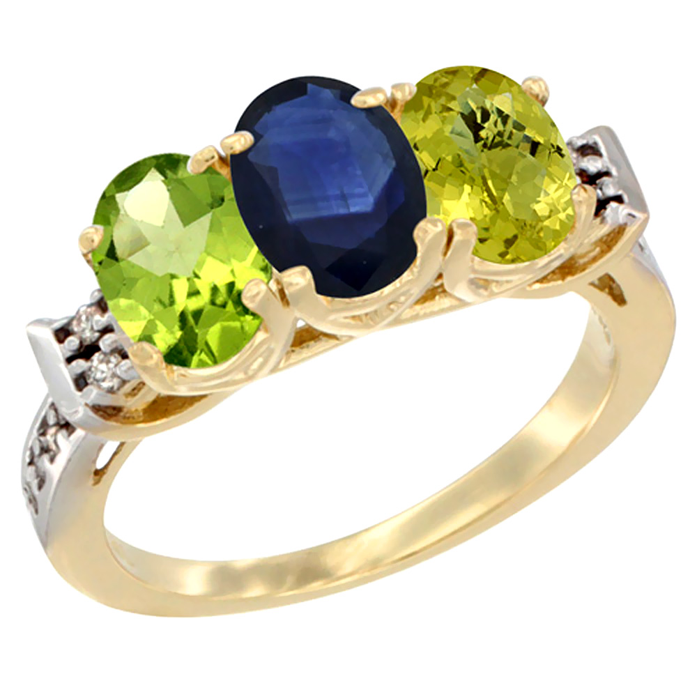 10K Yellow Gold Natural Peridot, Blue Sapphire & Lemon Quartz Ring 3-Stone Oval 7x5 mm Diamond Accent, sizes 5 - 10