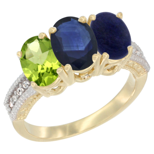 10K Yellow Gold Natural Peridot, Blue Sapphire & Lapis Ring 3-Stone Oval 7x5 mm, sizes 5 - 10
