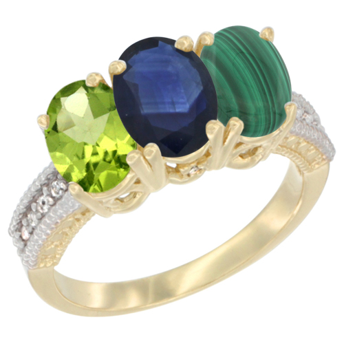 10K Yellow Gold Natural Peridot, Blue Sapphire & Malachite Ring 3-Stone Oval 7x5 mm, sizes 5 - 10