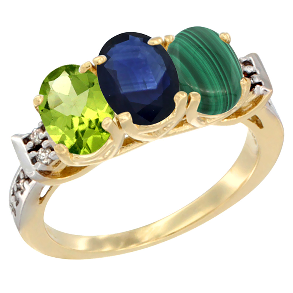 10K Yellow Gold Natural Peridot, Blue Sapphire & Malachite Ring 3-Stone Oval 7x5 mm Diamond Accent, sizes 5 - 10