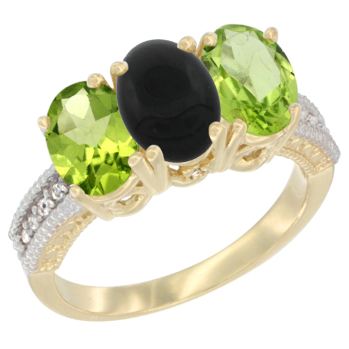 10K Yellow Gold Natural Black Onyx & Peridot Ring 3-Stone Oval 7x5 mm, sizes 5 - 10