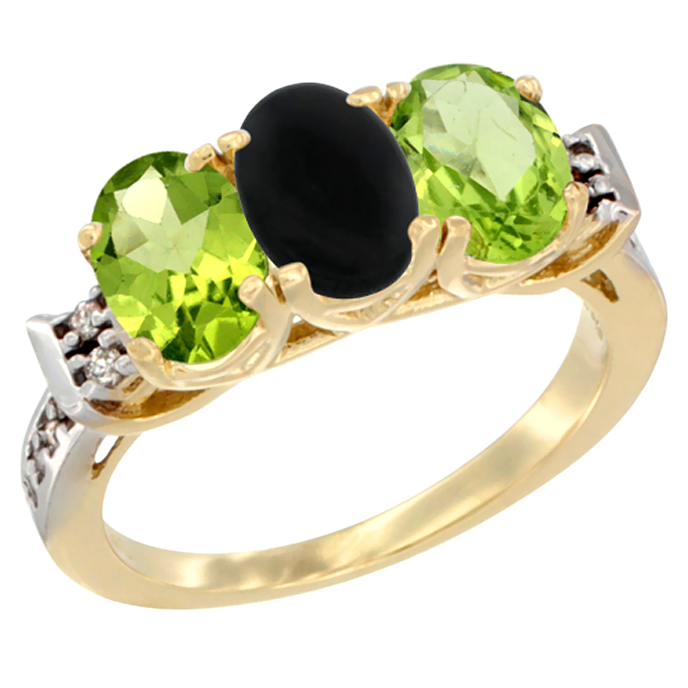 10K Yellow Gold Natural Black Onyx & Peridot Sides Ring 3-Stone Oval 7x5 mm Diamond Accent, sizes 5 - 10