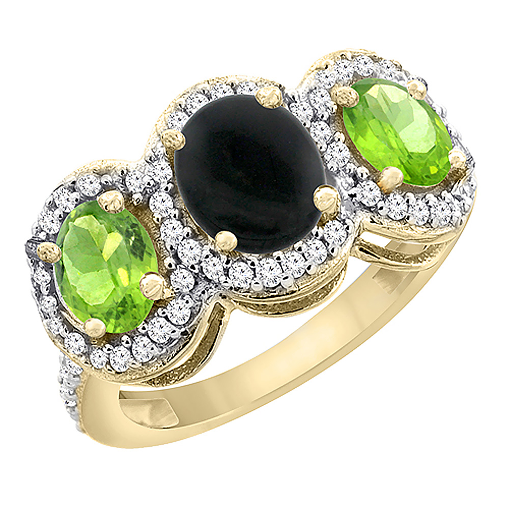 10K Yellow Gold Natural Black Onyx & Peridot 3-Stone Ring Oval Diamond Accent, sizes 5 - 10