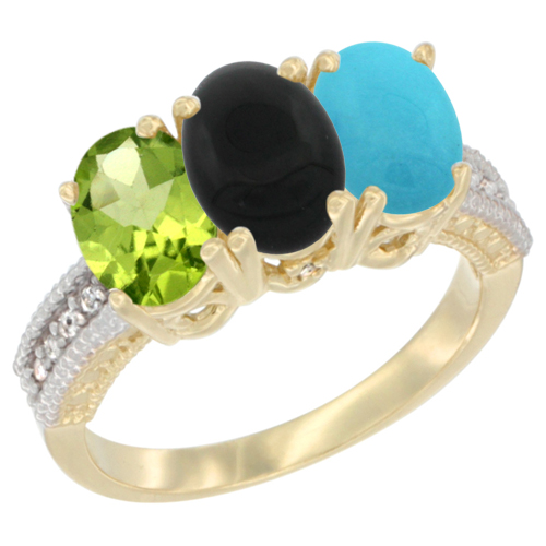 10K Yellow Gold Natural Peridot, Black Onyx & Turquoise Ring 3-Stone Oval 7x5 mm, sizes 5 - 10
