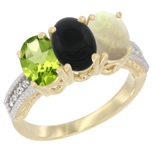 10K Yellow Gold Natural Peridot, Black Onyx & Opal Ring 3-Stone Oval 7x5 mm, sizes 5 - 10