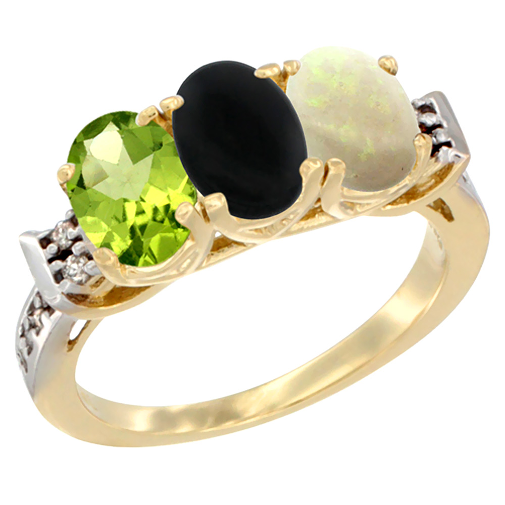 14K Yellow Gold Natural Peridot, Black Onyx & Opal Ring 3-Stone Oval 7x5 mm Diamond Accent, sizes 5 - 10