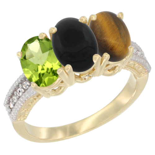 14K Yellow Gold Natural Peridot, Black Onyx & Tiger Eye Ring 3-Stone Oval 7x5 mm Diamond Accent, sizes 5 - 10