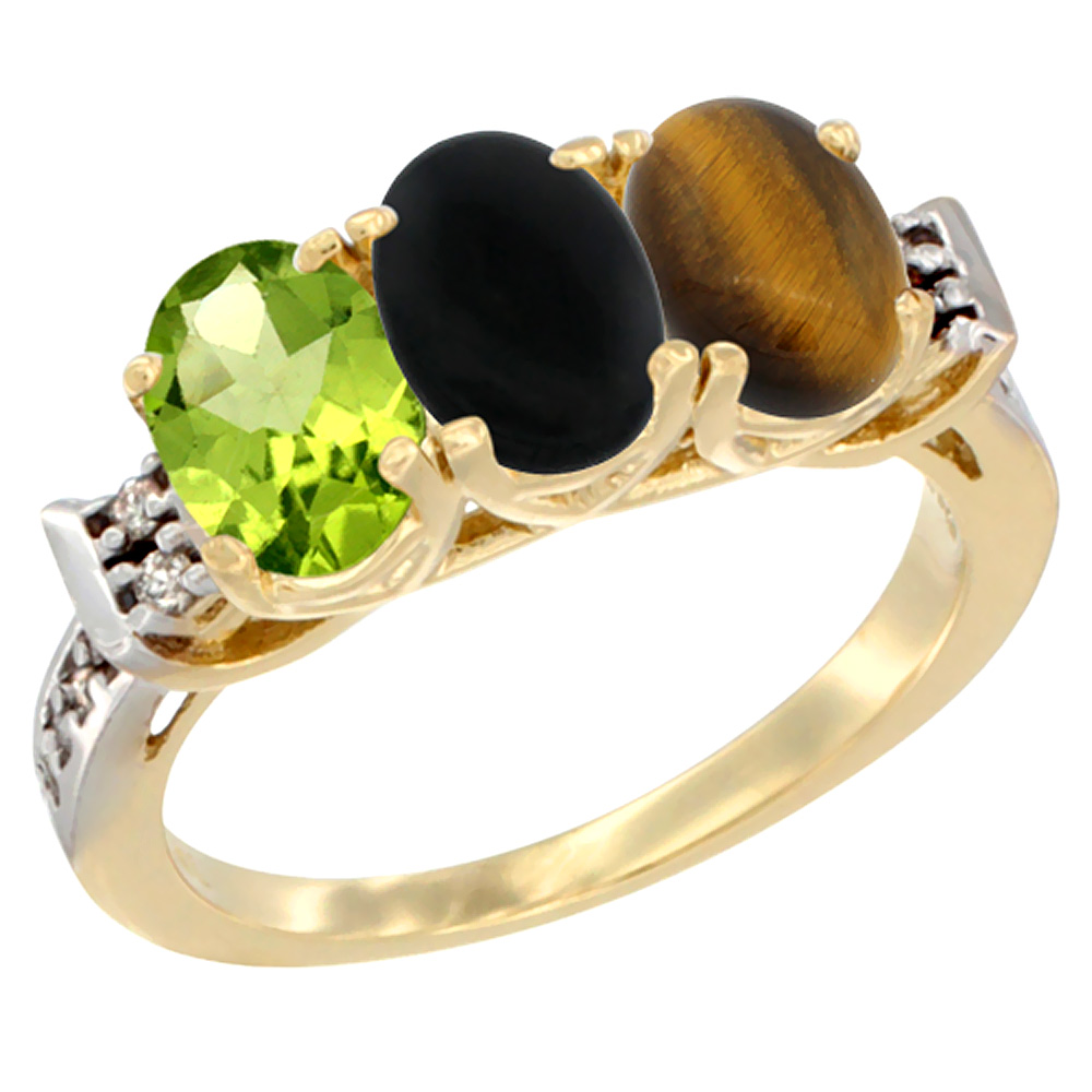 14K Yellow Gold Natural Peridot, Black Onyx & Tiger Eye Ring 3-Stone Oval 7x5 mm Diamond Accent, sizes 5 - 10