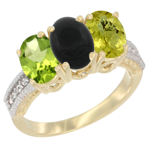 14K Yellow Gold Natural Peridot, Black Onyx & Lemon Quartz Ring 3-Stone Oval 7x5 mm Diamond Accent, sizes 5 - 10
