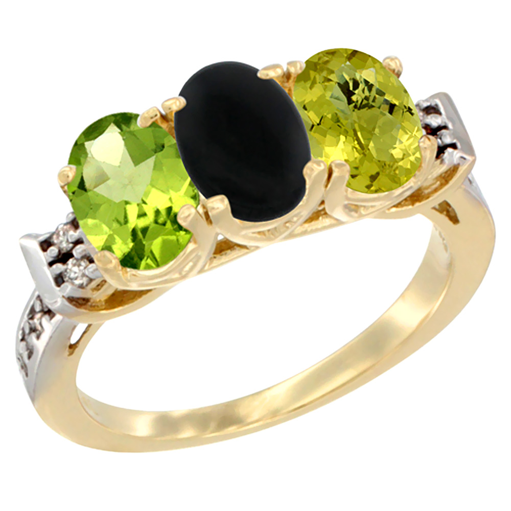 14K Yellow Gold Natural Peridot, Black Onyx & Lemon Quartz Ring 3-Stone Oval 7x5 mm Diamond Accent, sizes 5 - 10