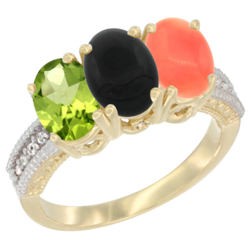 14K Yellow Gold Natural Peridot, Black Onyx & Coral Ring 3-Stone Oval 7x5 mm Diamond Accent, sizes 5 - 10