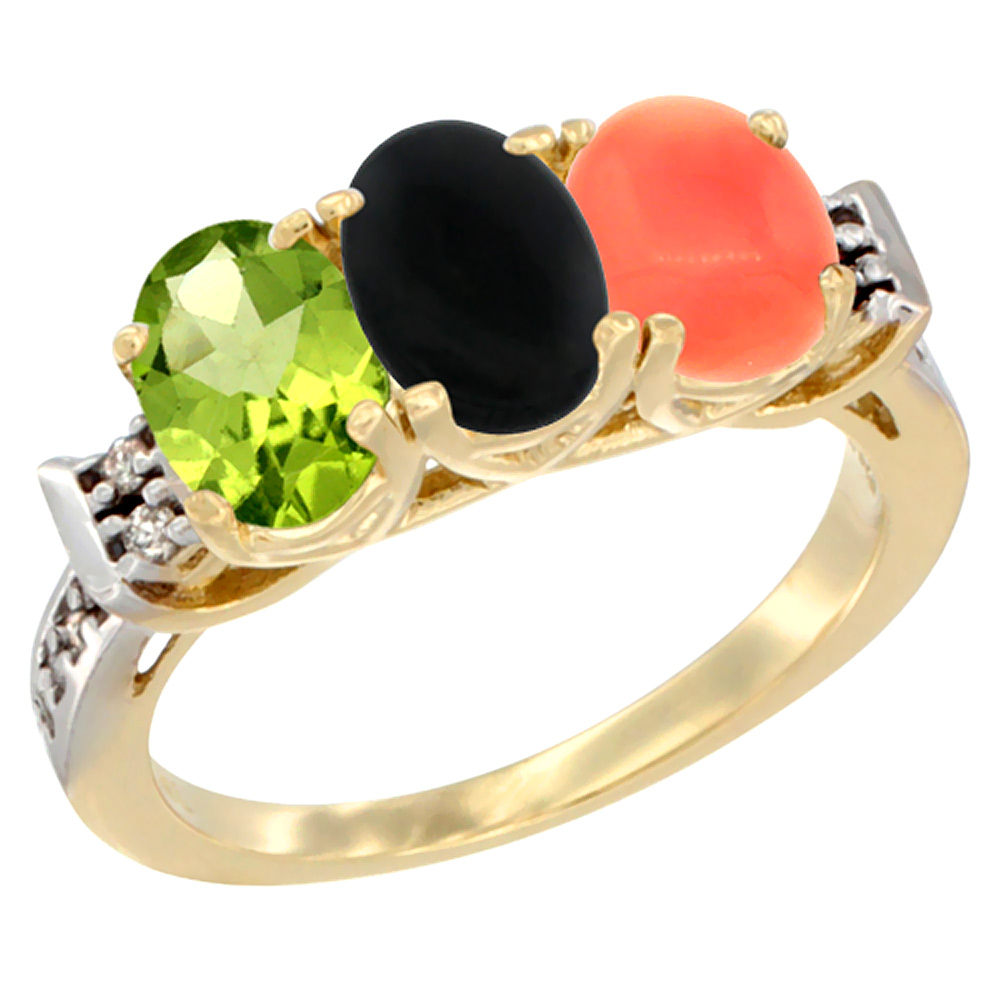 14K Yellow Gold Natural Peridot, Black Onyx & Coral Ring 3-Stone Oval 7x5 mm Diamond Accent, sizes 5 - 10
