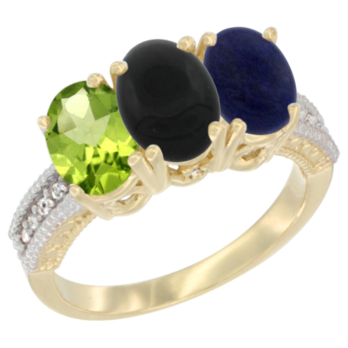 14K Yellow Gold Natural Peridot, Black Onyx & Lapis Ring 3-Stone Oval 7x5 mm Diamond Accent, sizes 5 - 10