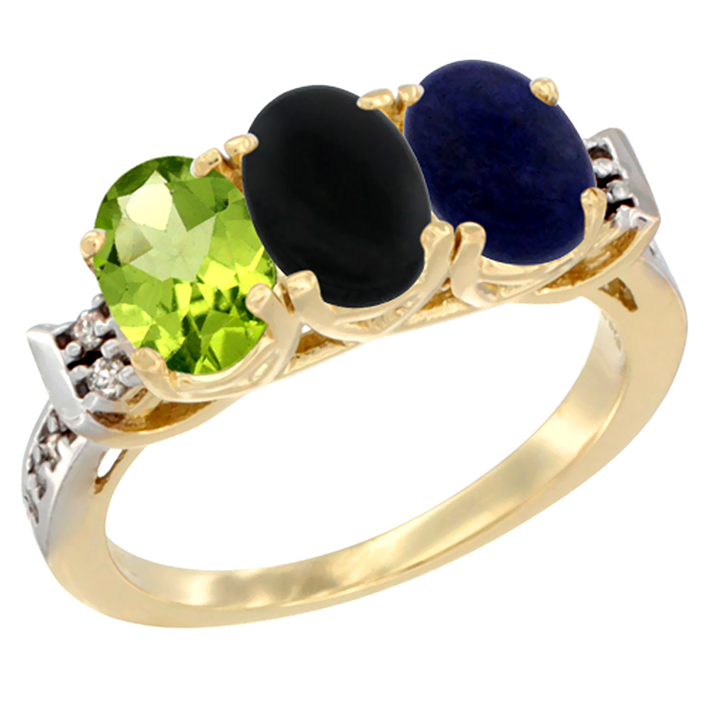 14K Yellow Gold Natural Peridot, Black Onyx & Lapis Ring 3-Stone Oval 7x5 mm Diamond Accent, sizes 5 - 10