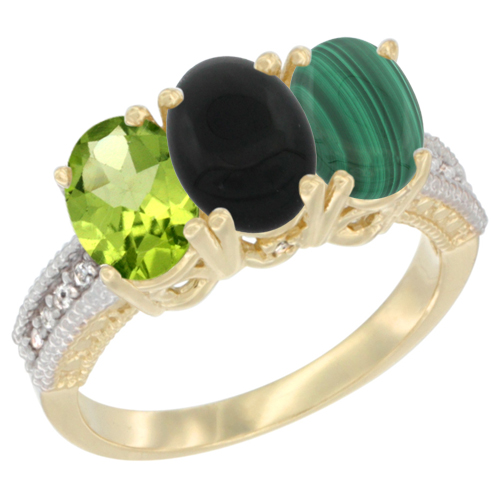 14K Yellow Gold Natural Peridot, Black Onyx & Malachite Ring 3-Stone Oval 7x5 mm Diamond Accent, sizes 5 - 10