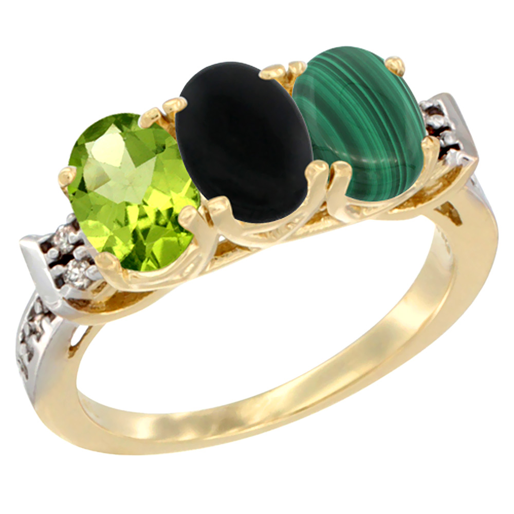 14K Yellow Gold Natural Peridot, Black Onyx & Malachite Ring 3-Stone Oval 7x5 mm Diamond Accent, sizes 5 - 10