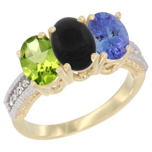 14K Yellow Gold Natural Peridot, Black Onyx & Tanzanite Ring 3-Stone Oval 7x5 mm Diamond Accent, sizes 5 - 10