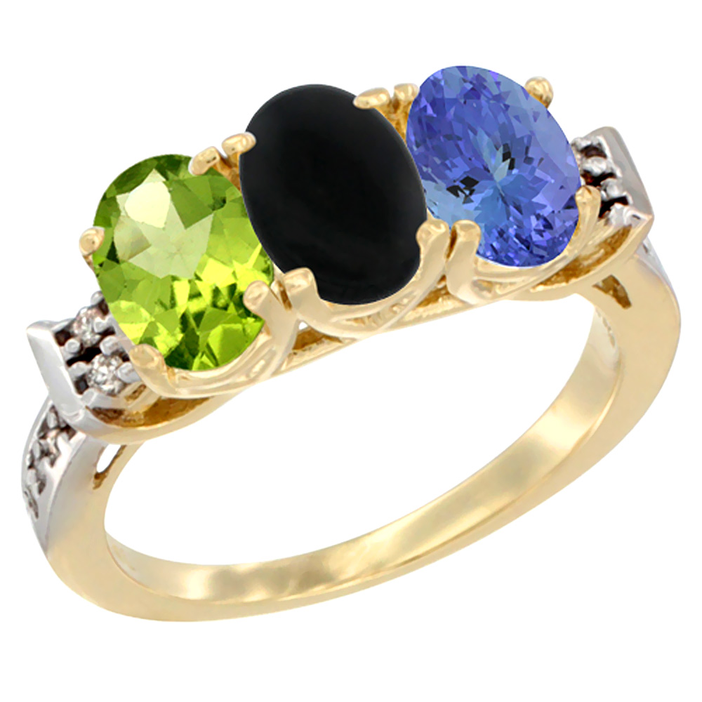 14K Yellow Gold Natural Peridot, Black Onyx & Tanzanite Ring 3-Stone Oval 7x5 mm Diamond Accent, sizes 5 - 10
