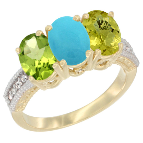10K Yellow Gold Natural Peridot, Turquoise & Lemon Quartz Ring 3-Stone Oval 7x5 mm, sizes 5 - 10