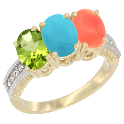 10K Yellow Gold Natural Peridot, Turquoise & Coral Ring 3-Stone Oval 7x5 mm, sizes 5 - 10