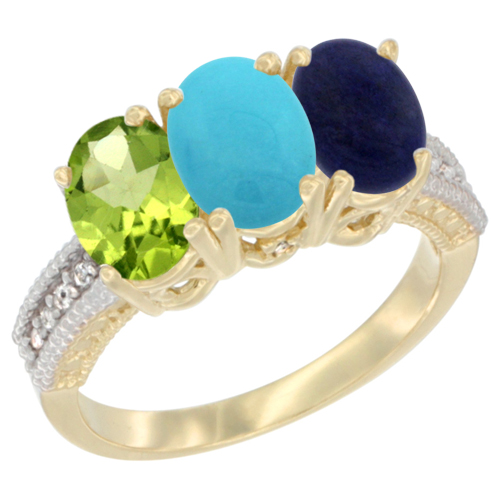 10K Yellow Gold Natural Peridot, Turquoise & Lapis Ring 3-Stone Oval 7x5 mm, sizes 5 - 10
