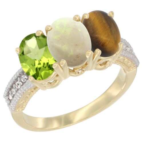 14K Yellow Gold Natural Peridot, Opal & Tiger Eye Ring 3-Stone Oval 7x5 mm Diamond Accent, sizes 5 - 10