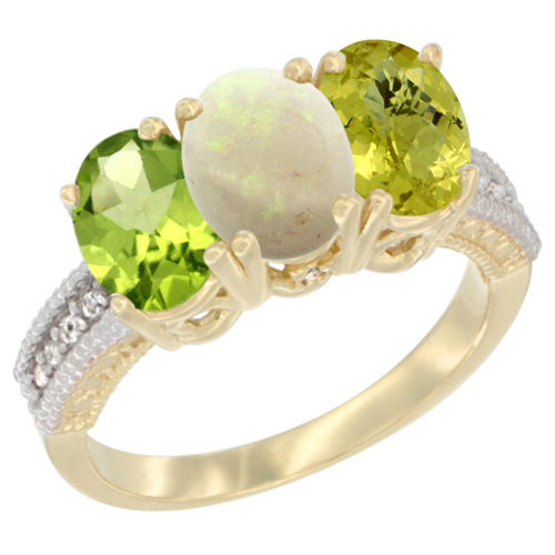 14K Yellow Gold Natural Peridot, Opal & Lemon Quartz Ring 3-Stone Oval 7x5 mm Diamond Accent, sizes 5 - 10