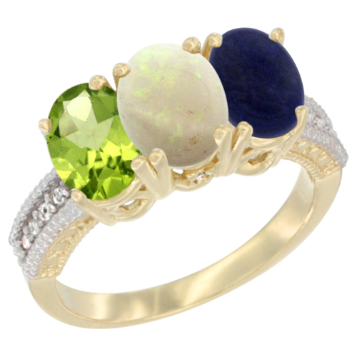 14K Yellow Gold Natural Peridot, Opal & Lapis Ring 3-Stone Oval 7x5 mm Diamond Accent, sizes 5 - 10