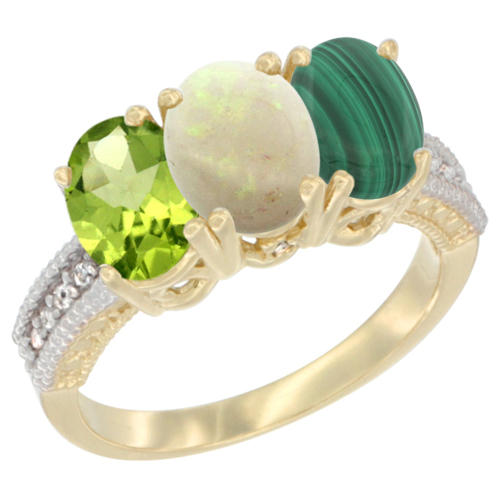 14K Yellow Gold Natural Peridot, Opal & Malachite Ring 3-Stone Oval 7x5 mm Diamond Accent, sizes 5 - 10