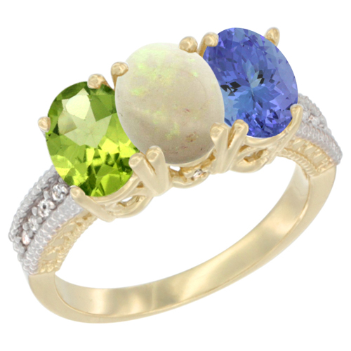 14K Yellow Gold Natural Peridot, Opal & Tanzanite Ring 3-Stone Oval 7x5 mm Diamond Accent, sizes 5 - 10