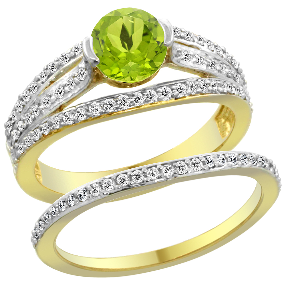 14K Yellow Gold Natural Peridot 2-piece Engagement Ring Set Round 6mm, sizes 5 - 10