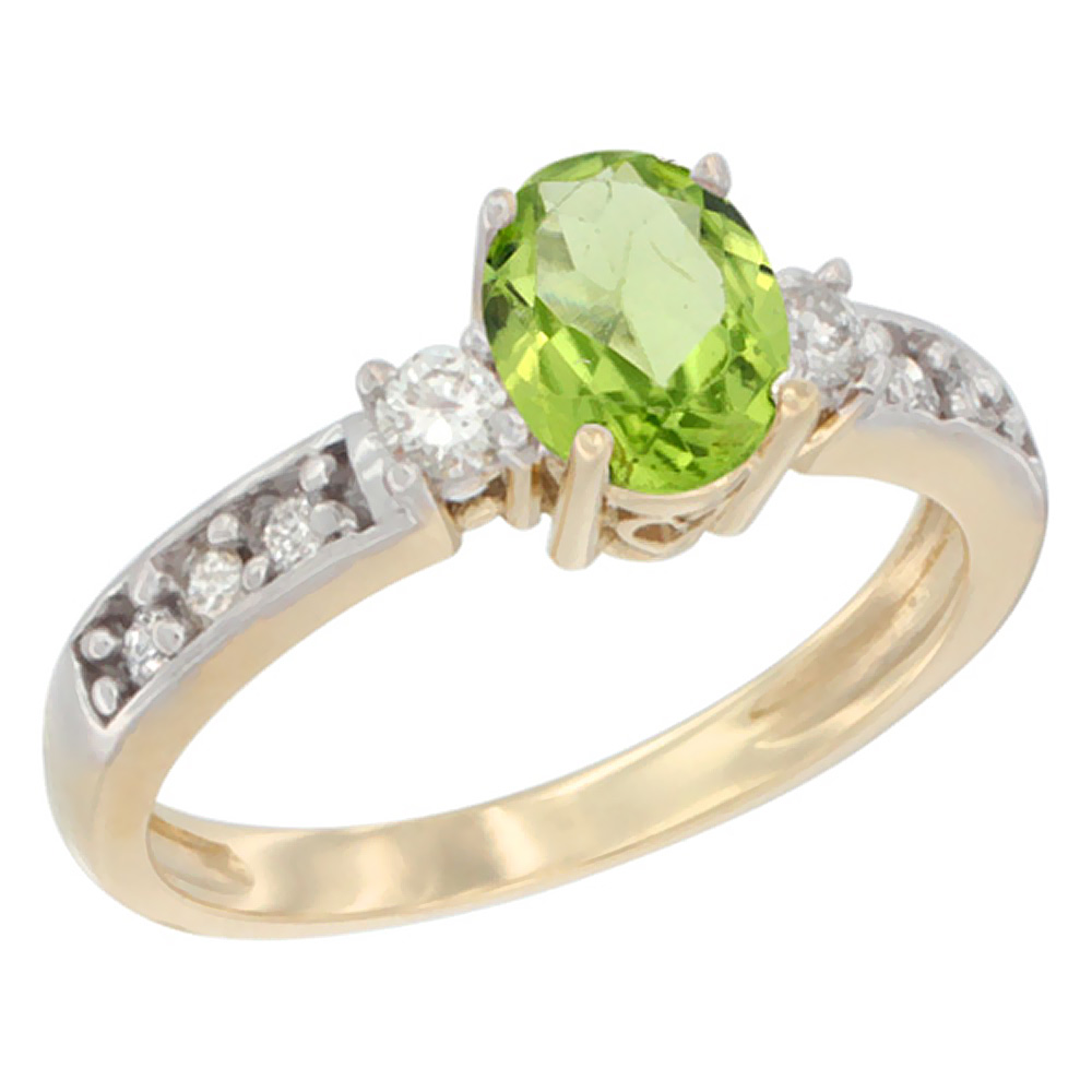 10k Yellow Gold Natural Peridot Ring Oval 7x5 mm Diamond Accent, sizes 5 - 10
