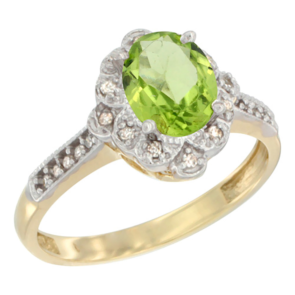 10K Yellow Gold Natural Peridot Ring Oval 8x6 mm Floral Diamond Halo, sizes 5 - 10