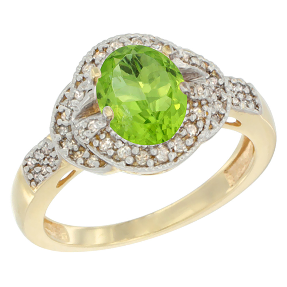 10K Yellow Gold Natural Peridot Ring Oval 8x6 mm Diamond Accent, sizes 5 - 10