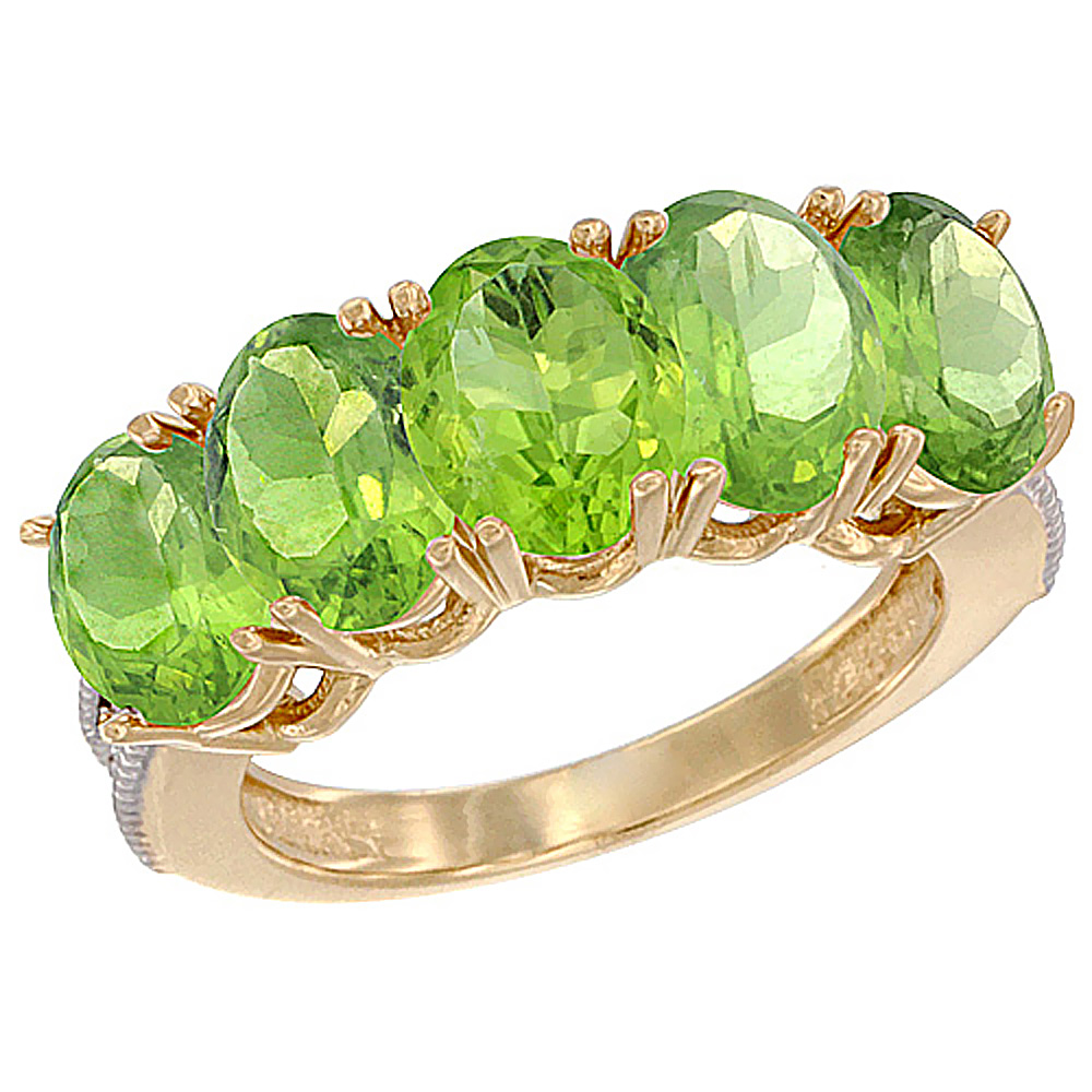 10K Yellow Gold Natural Peridot 1 ct. Oval 7x5mm 5-Stone Mother's Ring with Diamond Accents, sizes 5 to 10 with half sizes