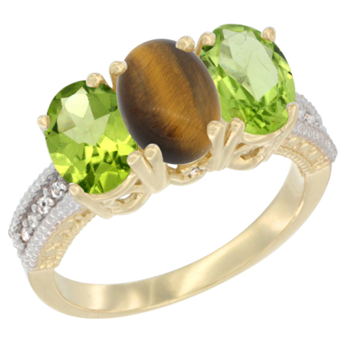 10K Yellow Gold Natural Tiger Eye & Peridot Ring 3-Stone Oval 7x5 mm, sizes 5 - 10