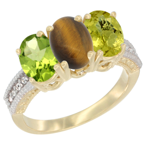 10K Yellow Gold Natural Peridot, Tiger Eye & Lemon Quartz Ring 3-Stone Oval 7x5 mm, sizes 5 - 10
