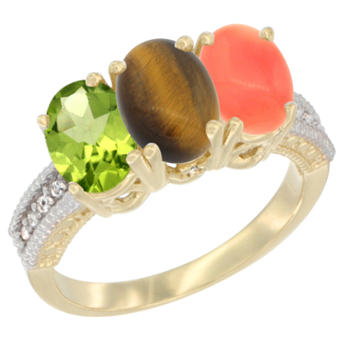 10K Yellow Gold Natural Peridot, Tiger Eye & Coral Ring 3-Stone Oval 7x5 mm, sizes 5 - 10
