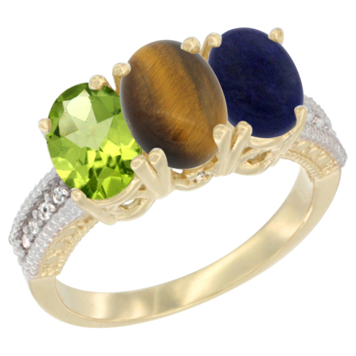 10K Yellow Gold Natural Peridot, Tiger Eye & Lapis Ring 3-Stone Oval 7x5 mm, sizes 5 - 10