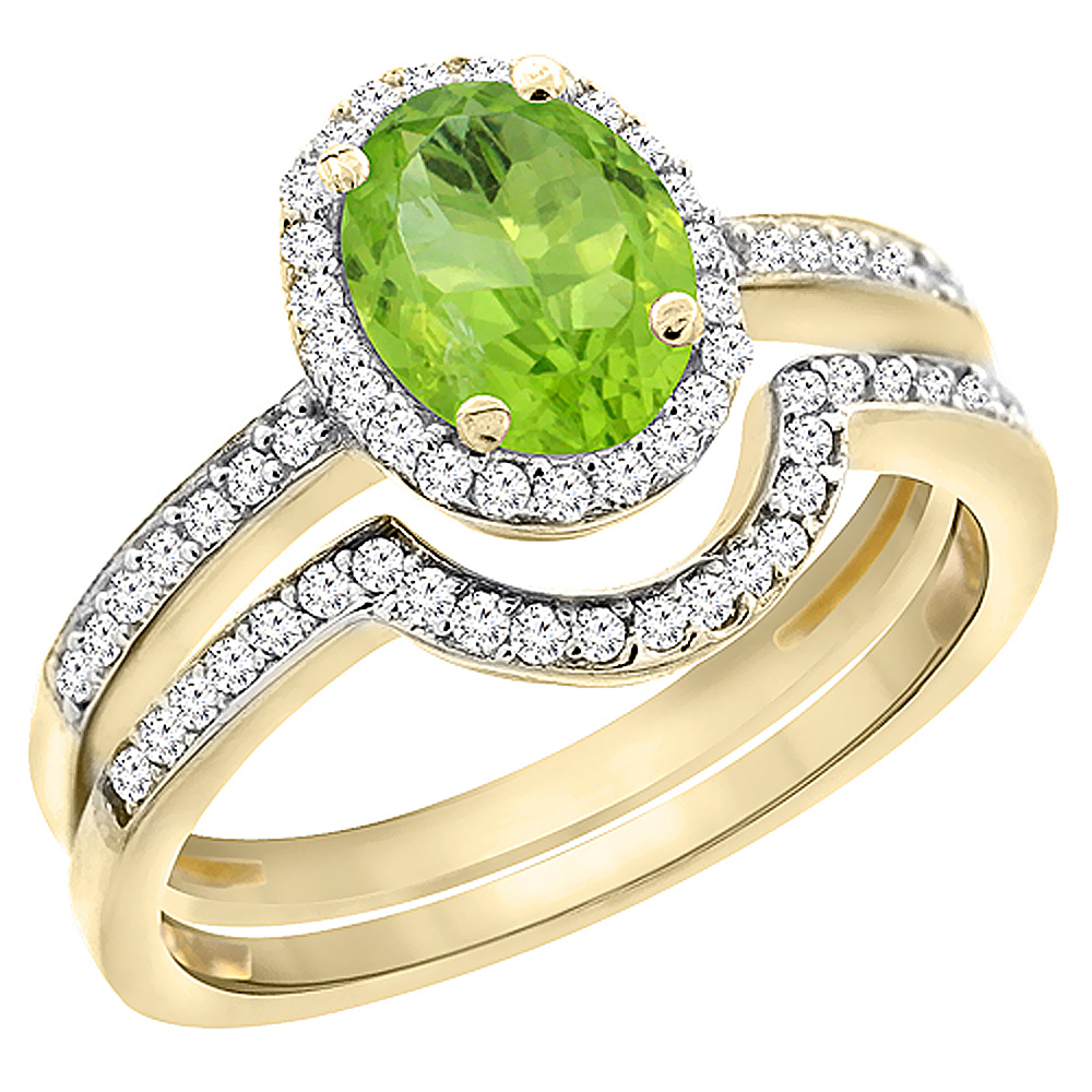 10K Yellow Gold Diamond Natural Peridot 2-Pc. Engagement Ring Set Oval 8x6 mm, sizes 5 - 10