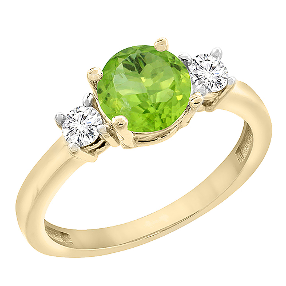 10K Yellow Gold Diamond Natural Peridot Engagement Ring Round 7mm, sizes 5 to 10 with half sizes