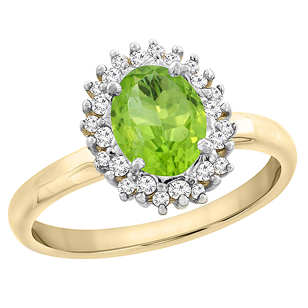 10K Yellow Gold Diamond Natural Peridot Engagement Ring Oval 7x5mm, sizes 5 - 10