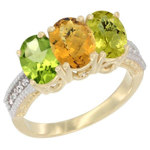 10K Yellow Gold Natural Peridot, Whisky Quartz & Lemon Quartz Ring 3-Stone Oval 7x5 mm, sizes 5 - 10