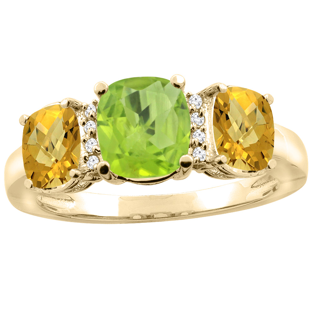 10K Yellow Gold Natural Peridot & Whisky Quartz 3-stone Ring Cushion 8x6mm Diamond Accent, sizes 5 - 10